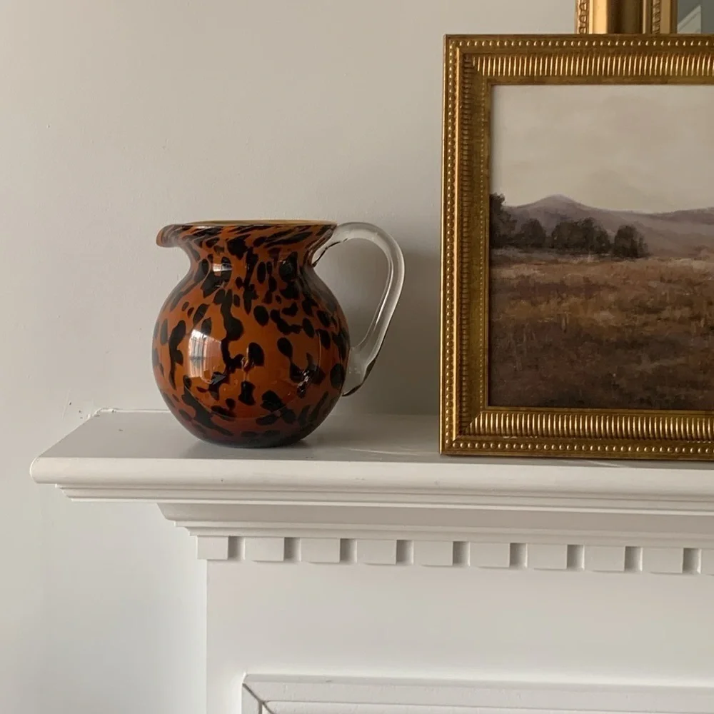 1998 Bombay Company Hand Blown Glass Tiger Pitcher Orange & Black 6.5